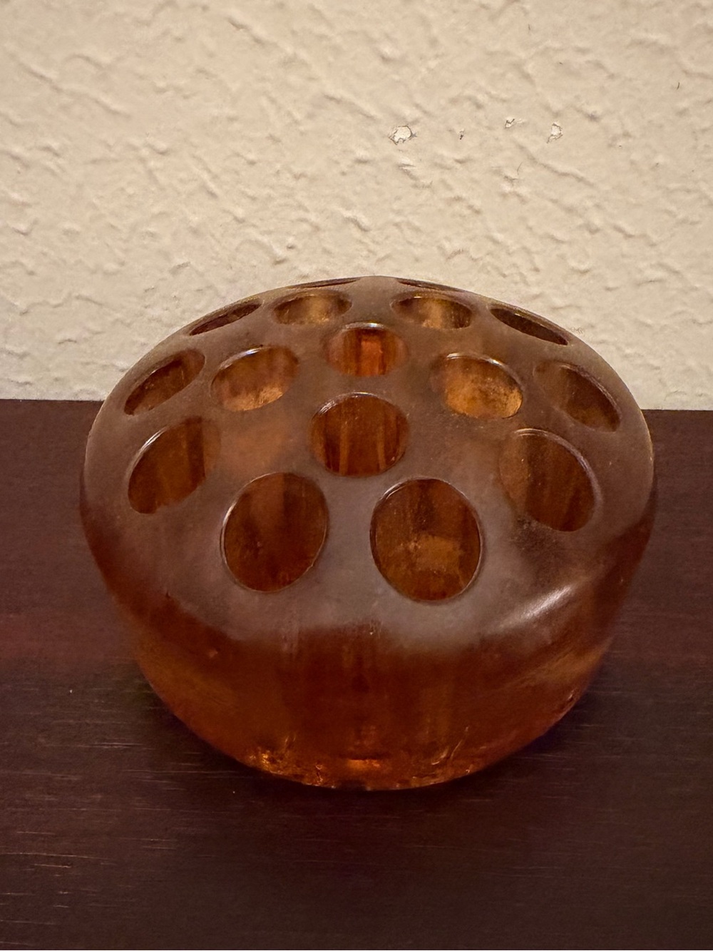 Vtg Mid Century 16 Hole Amber Glass Flower Frog Vase Topper